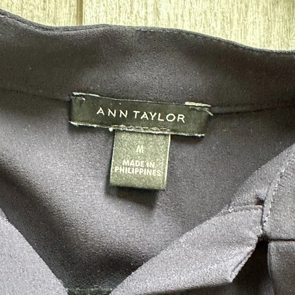 Ann Taylor Navy Ruffle Tie-Neck Blouse - Picture 3 of 7